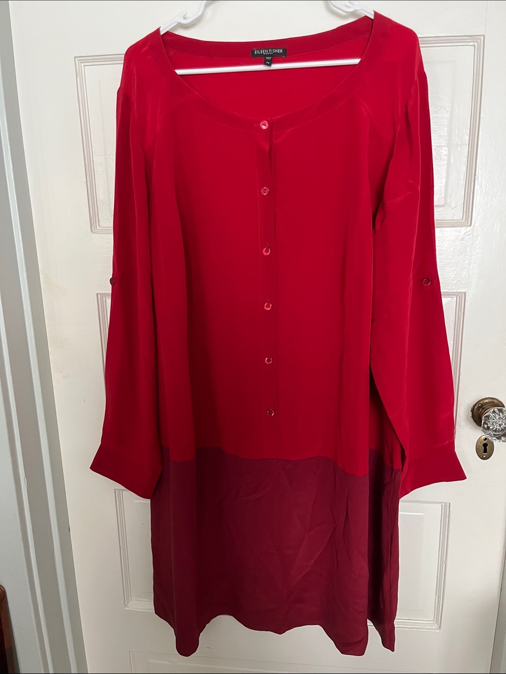 Eileen Fisher Two-Tone Red Button-Front Midi Dress